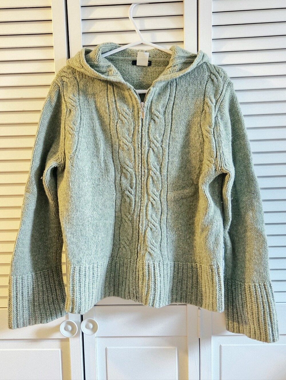 J. Crew Vintage 100% Wool Cable Knit Hooded Sweater Jacket | Petite M